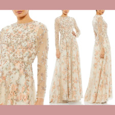 NWT $798 Mac Duggal [ 12 ] Natural Floral Beaded Long Sleeve Mesh Gown #Q576