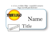 1 WHITE BLUE NAME BADGE COLOR LOGO ON LEFT 2 LINES OF IMPRINT PIN FASTENER
