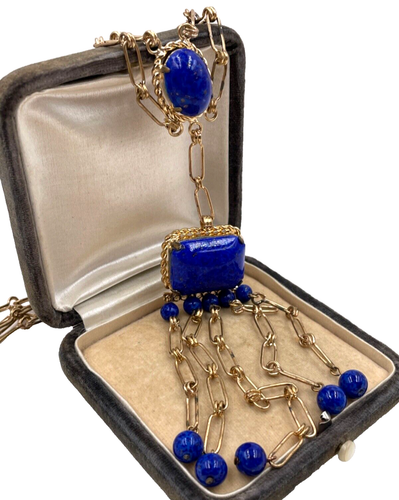 NEIGER BROS ANTIQUE CZECH LAPIS LAZULI BLU GLASS NECKLACE PENDANT CHAIN FESTOON - Picture 4 of 10