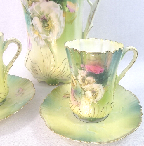 RS Prussia Red Mark Chocolate Pot Cups- Saucers Pink Yellow Floral Art Nouveau - Picture 3 of 22