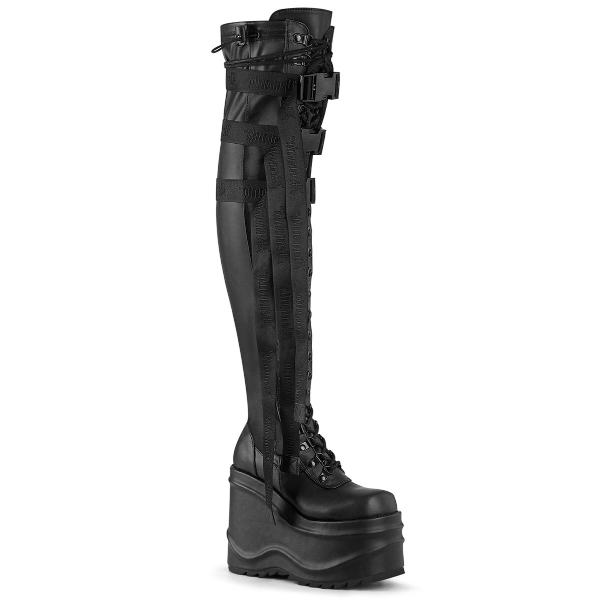 Black Thigh High Lace Up Platform Wedge Combat Boots Rave