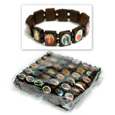 LOT OF 12 SAINT BEAD BRACELET Brown Wood Reli...