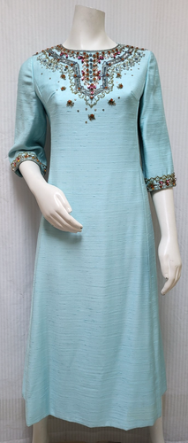 Vintage 1960s DOOP'S Blue Silk DRESS with Rhinestones, Beads & Sequins -Size S/M - Picture 10 of 20