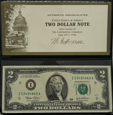 2003 Uncirculated $2 Federal Reserve Note From US Monetary Exchange