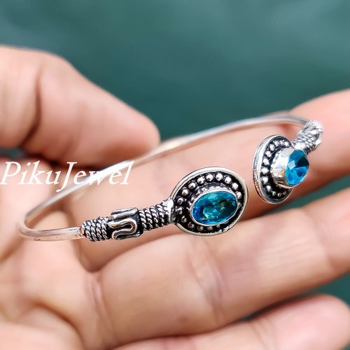 London Blue Topaz Multi Gemstone Bracelet 925 Sterling Silver Elegant Bangle - Picture 4 of 5