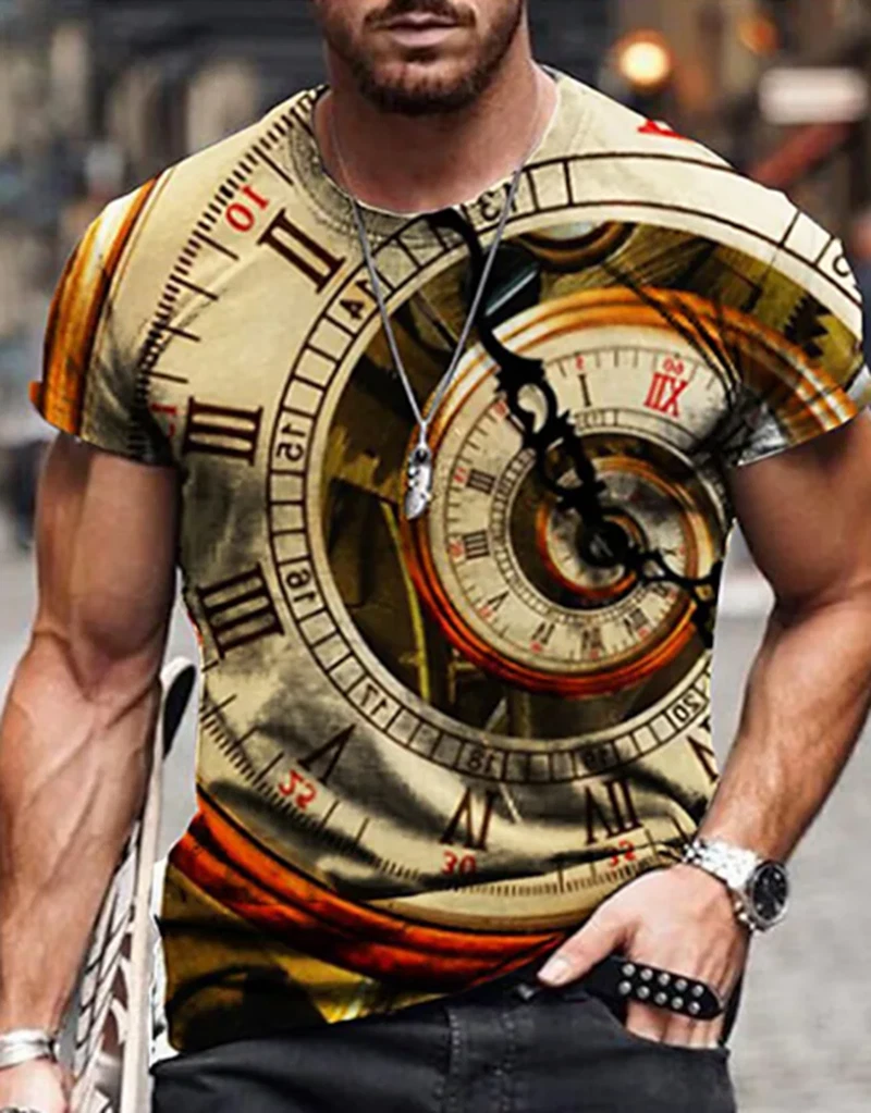 Men T-Shirt Fashion Short Sleeve Golden Clock Watch Gold Tee T Shirt Classic Fit