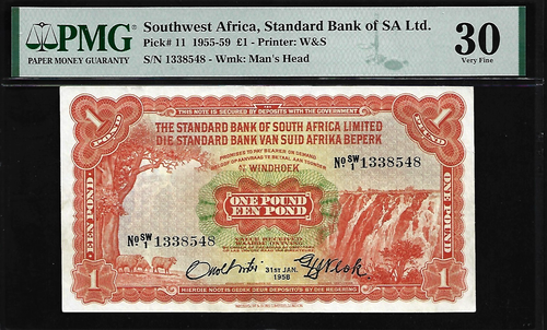 Southwest Africa 1 Pound 1958 PMG 30 P# 11 Standard Bank of SA Ltd.