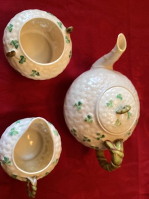 Vintage Lidded Belleek Pottery Tea Pot with Open creamer and Sugar