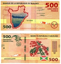 2023 Burundi 500 Francs Banknote UNC P50c Crocodile, arms, flag, coffee branch