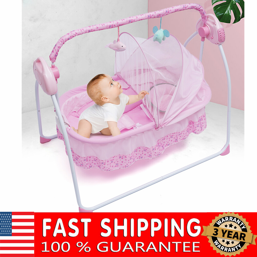 Pink Electric Baby Crib Cradle Auto-Swing Baby Newborn Bed Sleep Cradle + Mat