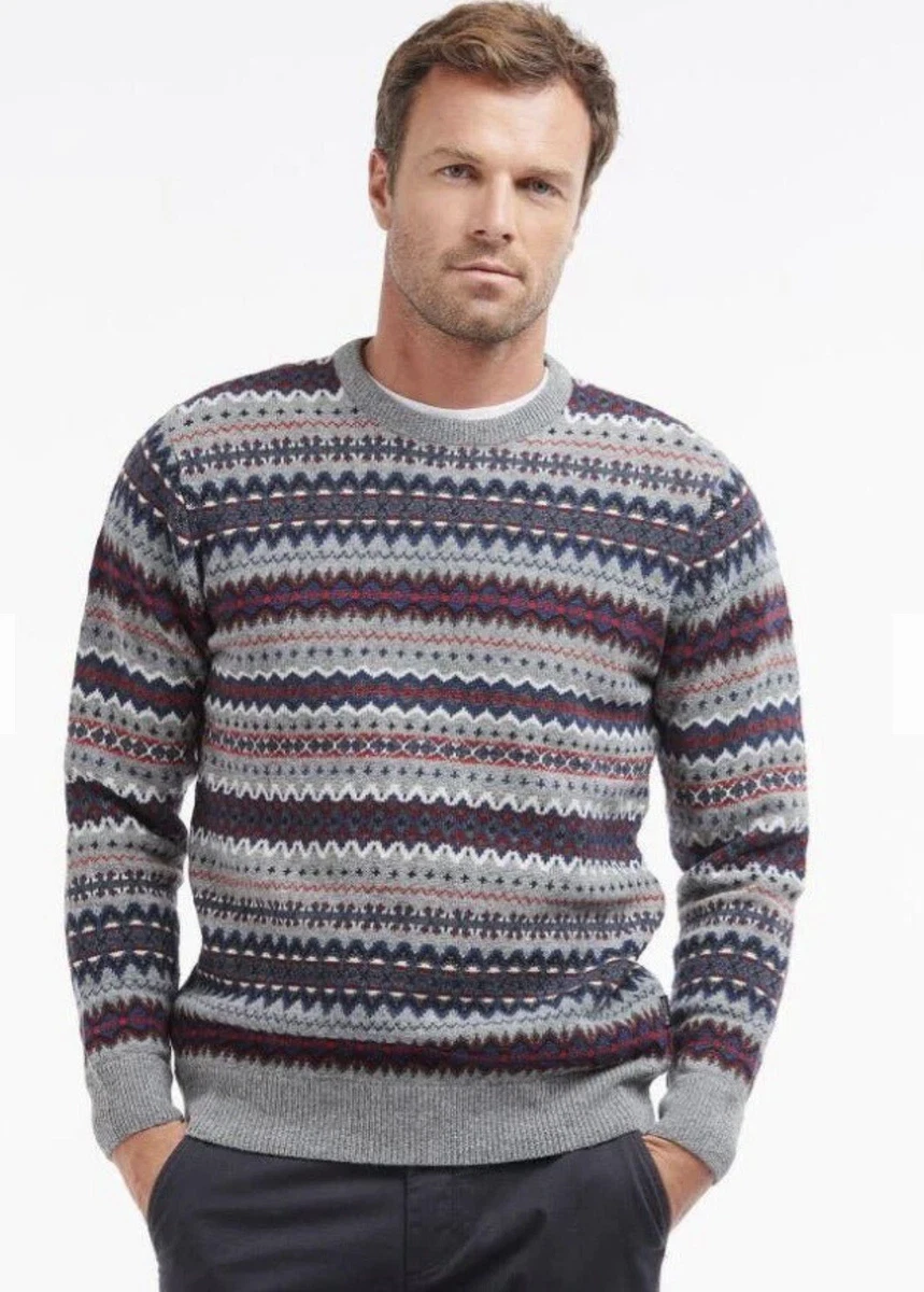 Barbour Case Fairisle Crew Wool Sweater Jumper Mid Grey Mens Size Large New