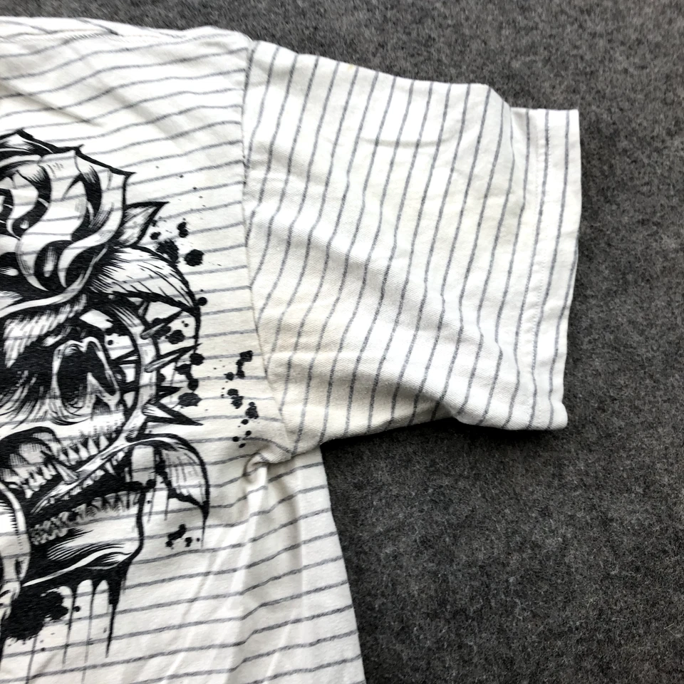 Camisa Híbrida De Colección Hombres Mediana Blanca Rayas Manga Corta Calavera Rosas Surf Y2K* Foto 3 de 4