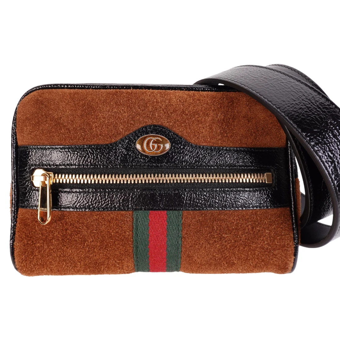 Sac ceinture en cuir verni Gucci Ophidia en daim taille 95 cm/38 pouces marron