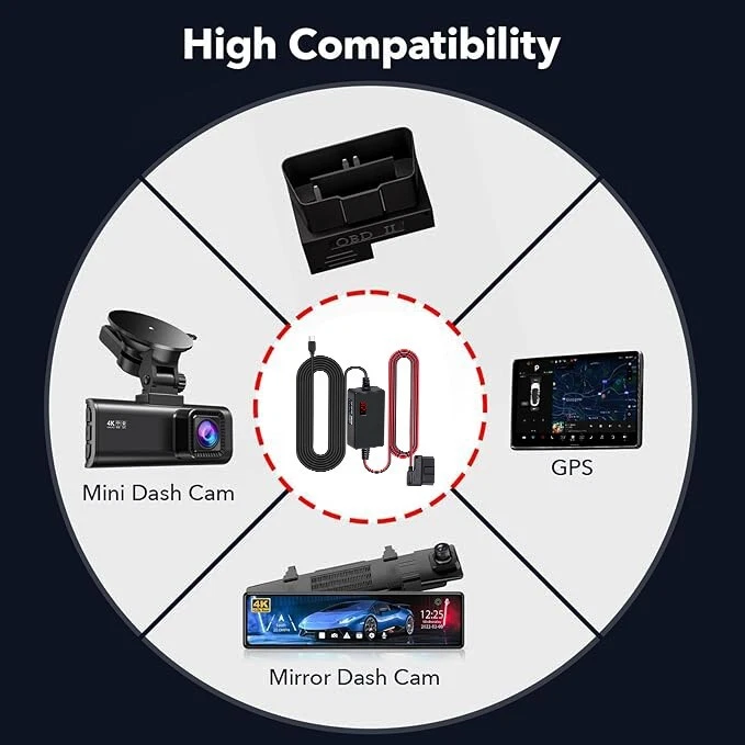 Kit de fio rígido Dash Cam OBD cabo de alimentação MINI USB C porta 10 pés 12V-24V a 5V para Das - Imagem 4 de 4