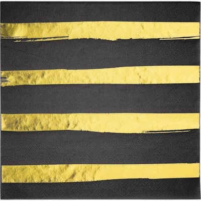 Creative Converting 329934 Black and Gold Foil Striped Napkins, 6.5''