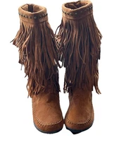 Rampage Fringe Boots y2k Boho Faux Suede Size 8 Mid Calf Brown Studs Flats NWOB