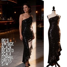 90S VTG. FULLY BEADED BLACK SCALA ONE SHOULDE...
