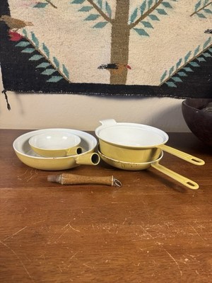 Vintage Descoware Belgium Yellow Enamel Cookware Set Wood Handle EUC