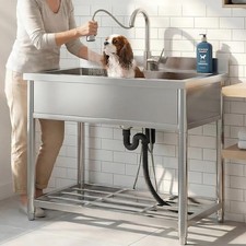 GGW Freestanding Utility Sink Single Bowl Stainless Steel Pull-Out Faucet
