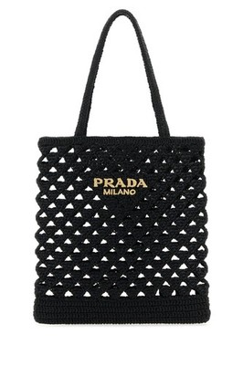 PRADA Knit Summer Black Straw Crochet Natural Tote Bag New And