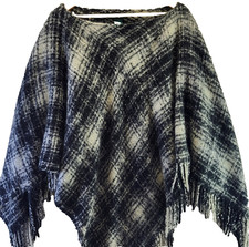 Lauren Ralph Lauren Womens Gray Plaid Fringe Trim Southwest Poncho Cape Sweater