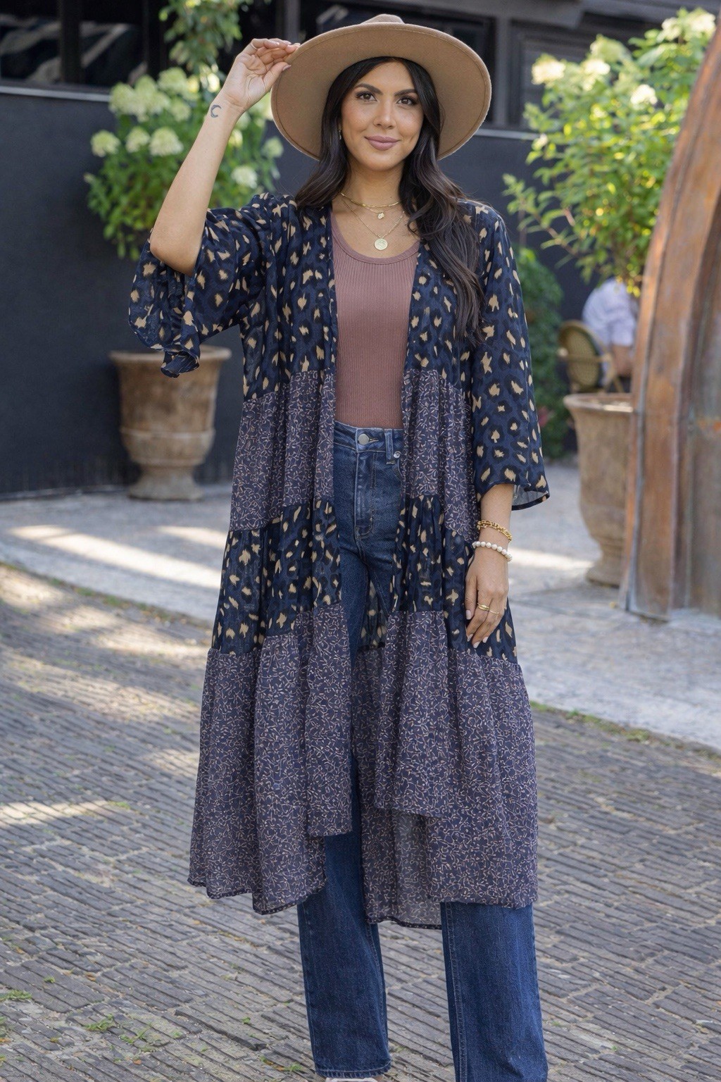 Umgee Patchwork Floral Leopard Metallic Duster Ki… - image 1