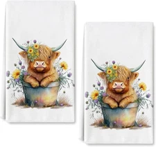 AnyDesign Highland Cow Kitchen Dish Towel 18 x 28 Inch Rustic Large, White 