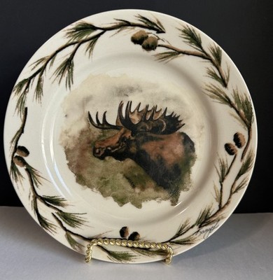 Big Sky Carvers Woodland Moose 4 Salad Plates Pinecones Karry Hesla 7.5