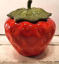 Vtg USA Made Ceramic Strawberry Cookie Jar Canister with Lid