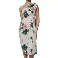 Dolce & Gabbana White Floral Silk One Shoulder Midi Women's Dress Authentic