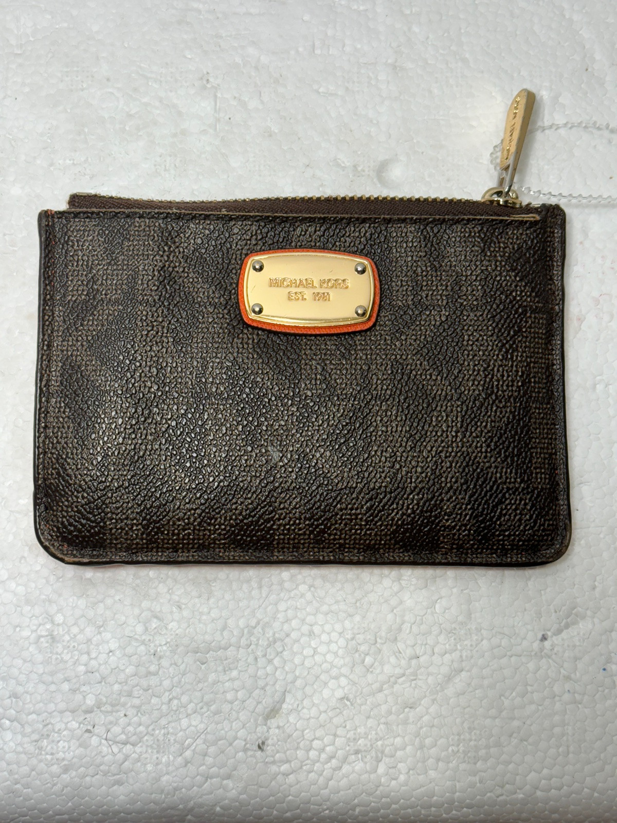 Michael Kors Small Key Chain Wallet Zip Top Leather Coin Pouch Brown/Black SEE