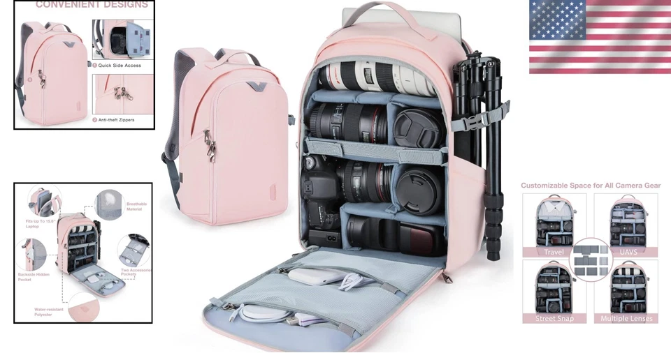 Large Capacity Anti-Theft Camera Backpack for DSLR & 15.6" Laptop - Pink - Изображение 2 из 4