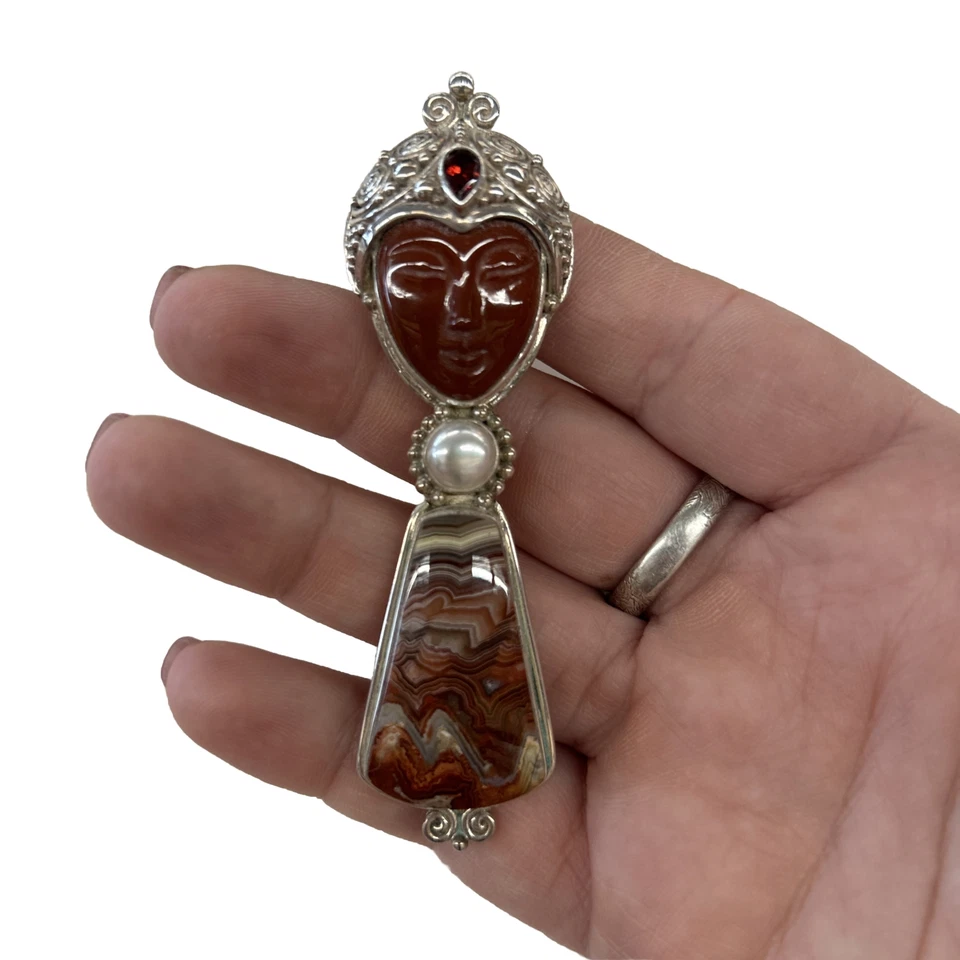 Pingente de deusa esterlina Sajen jaspe vermelho renda louca ágata granada pérola - Imagem 2 de 4