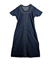 Vintage Hand Sewn Denim Maxi Dress Short Sleeves 100 Cotton Medium Mirror Panel