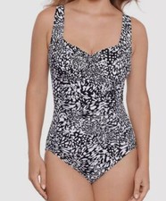 Swim Solutions Women's Black Printed Ruched-Front One Piece Swimsuit Size 8