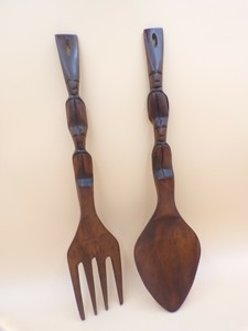 Vintage Large 20" Carved Wooden Fork and Spoon Wall DÃ©cor Wood Tiki