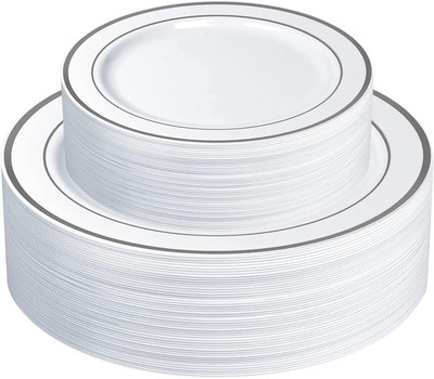 [60 Piece Combo White Silver Rimmed Plastic Plates, Disposable Plates for Party 