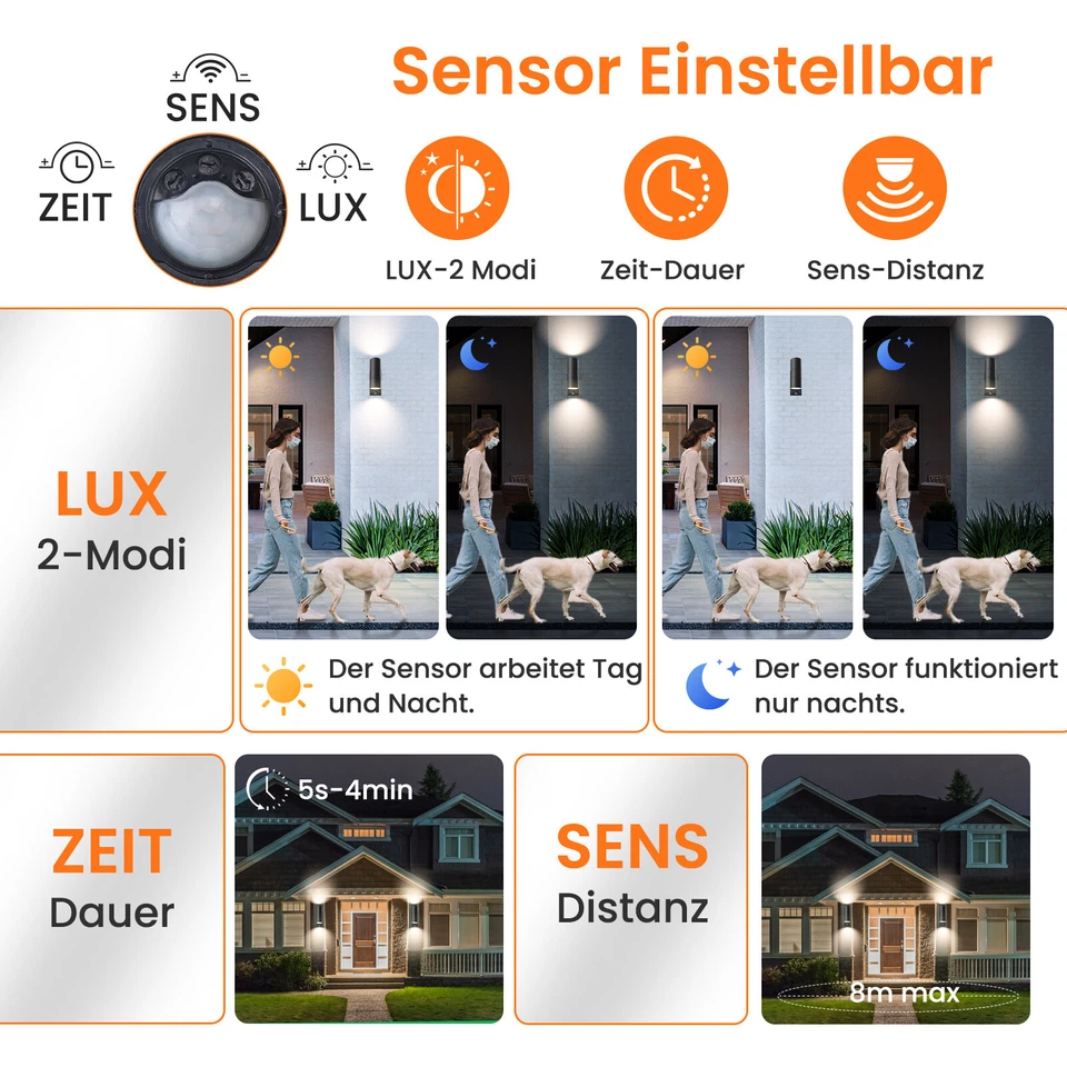 Edelstahl LED Außenleuchte Wandlampe Bewegungsmelder Up&Down PIR Außen Strahler - Bild 3 von 4