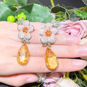 Authentic Beautiful Gold Plated Flower Long Drop Earrings Cubic Zirconia Wedding Jewelry