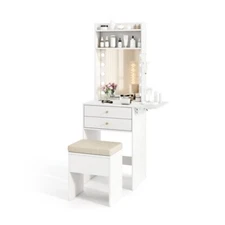 Vanity Makeup Table Set Dressing Desk W/ 3-Color Lighted Mirror & Power Outlets