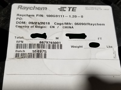 Raychem/TE 100G0111-1.20-0 #16awg Spec 100G TnC LSZH Hook-Up Wire Black /100ft