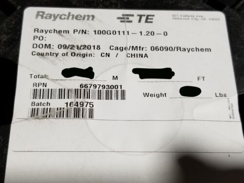 Raychem/TE 100G0111-1.20-0 #16awg Spec 100G TnC LSZH filo di collegamento nero/100 piedi - Foto 1 di 3