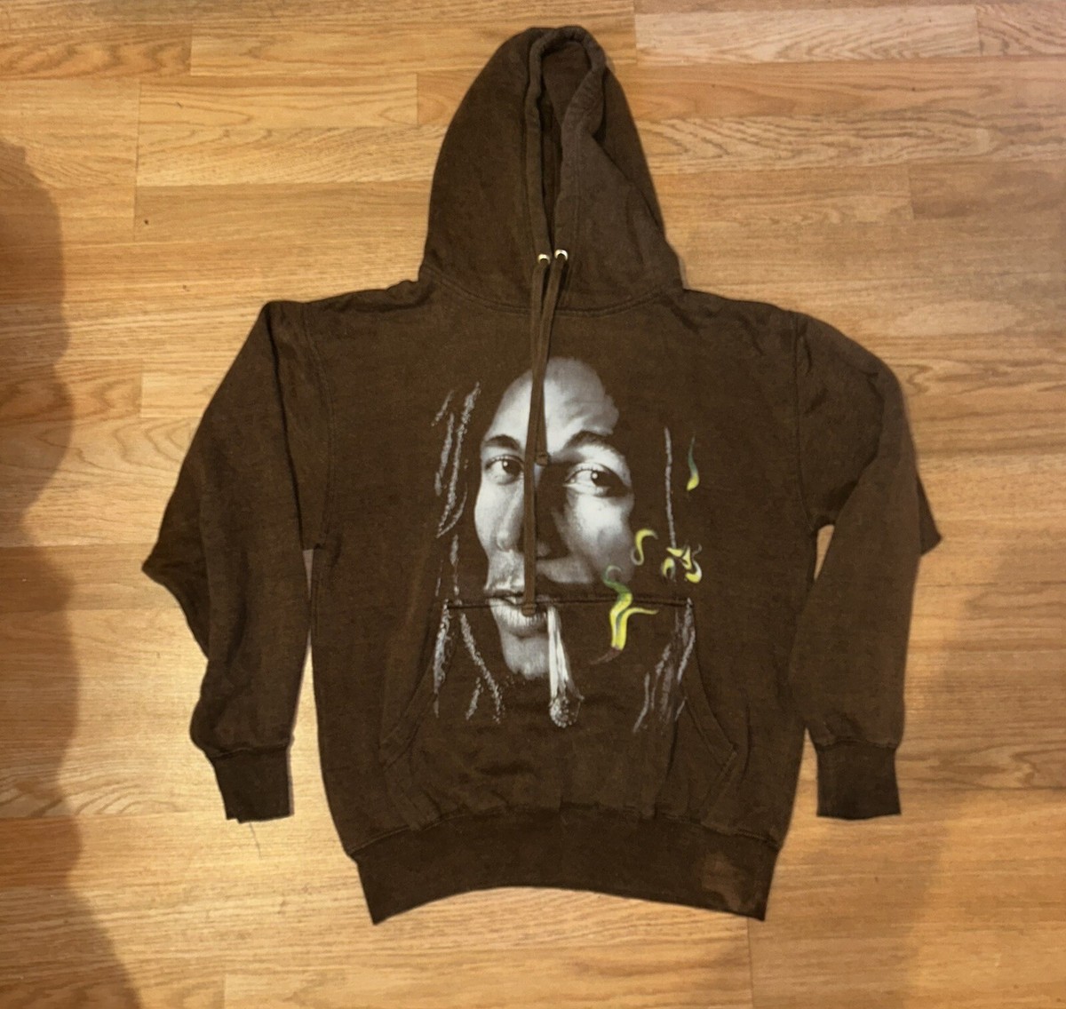 Mens Brown Bob Marley Pull Over Hooded Sweater Size Small Big Face Logo