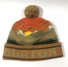 Burton Snowboards Logo Trope Winter Beanie Pom Ski Hat Cap Orange Brown S/M GUC