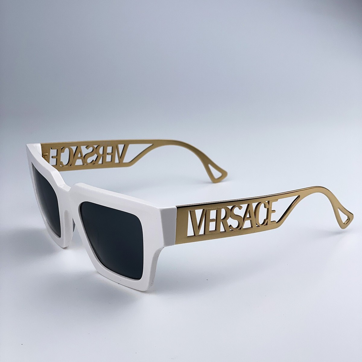 NEW Versace VE4431 401/87 White Gold Logo Dark Grey Square Women Sunglasses Versace Women Sunglasses White Gold Logo Dark Grey Square  main image 3