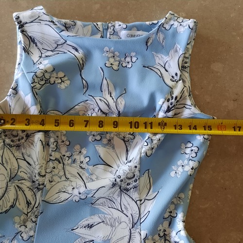 Calvin Klein Floral Dress Womens Sz 2 Blue White Fit Flare Sheer Trim Midi Lgth - Picture 7 of 15