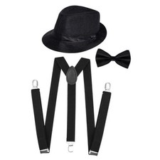 3Pcs 1920s Mens Costume Accessories Roaring 20s Set Fedora Hat Y-Back Black