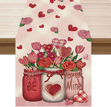 Roses Flowers Love Hearts Vase Valentine  S Day Table Runner Table Decoration for