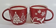 Starbucks Holiday 2007 Red Mugs x2 Penguin Snowman Snowflakes Trees 8 oz