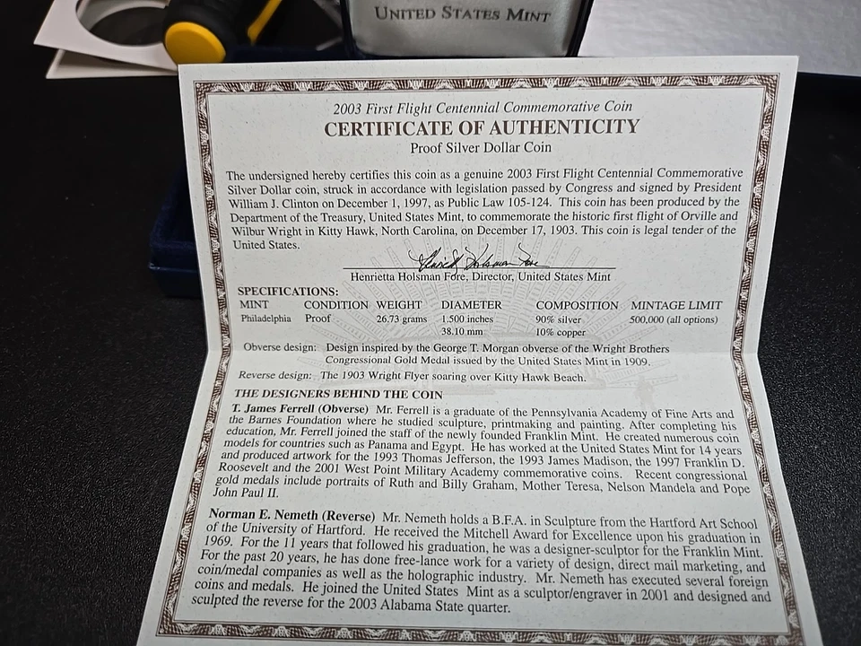 2003 US Mint First Flight Centennial Wright Coin 90% Silver Proof With C.O.A - Image 2 of 4